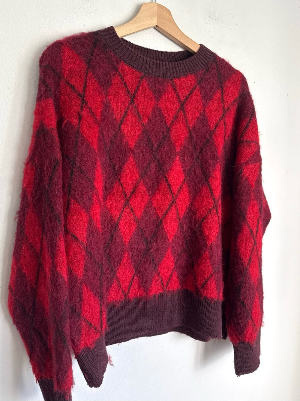 Zara Brushed Argyle Wool Alpaca Blend Crewneck Sweater in Burgundy and Red - Picture 3 of 6
